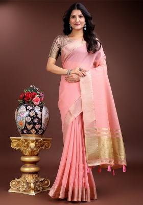 Pink Zari Work Cotton Blend Saree Set