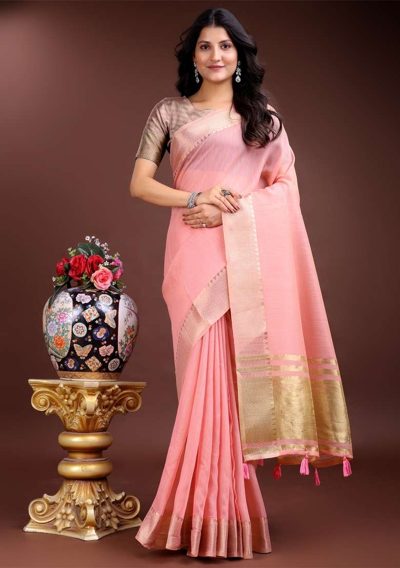 Pink Zari Work Cotton Blend Saree Set - Indya