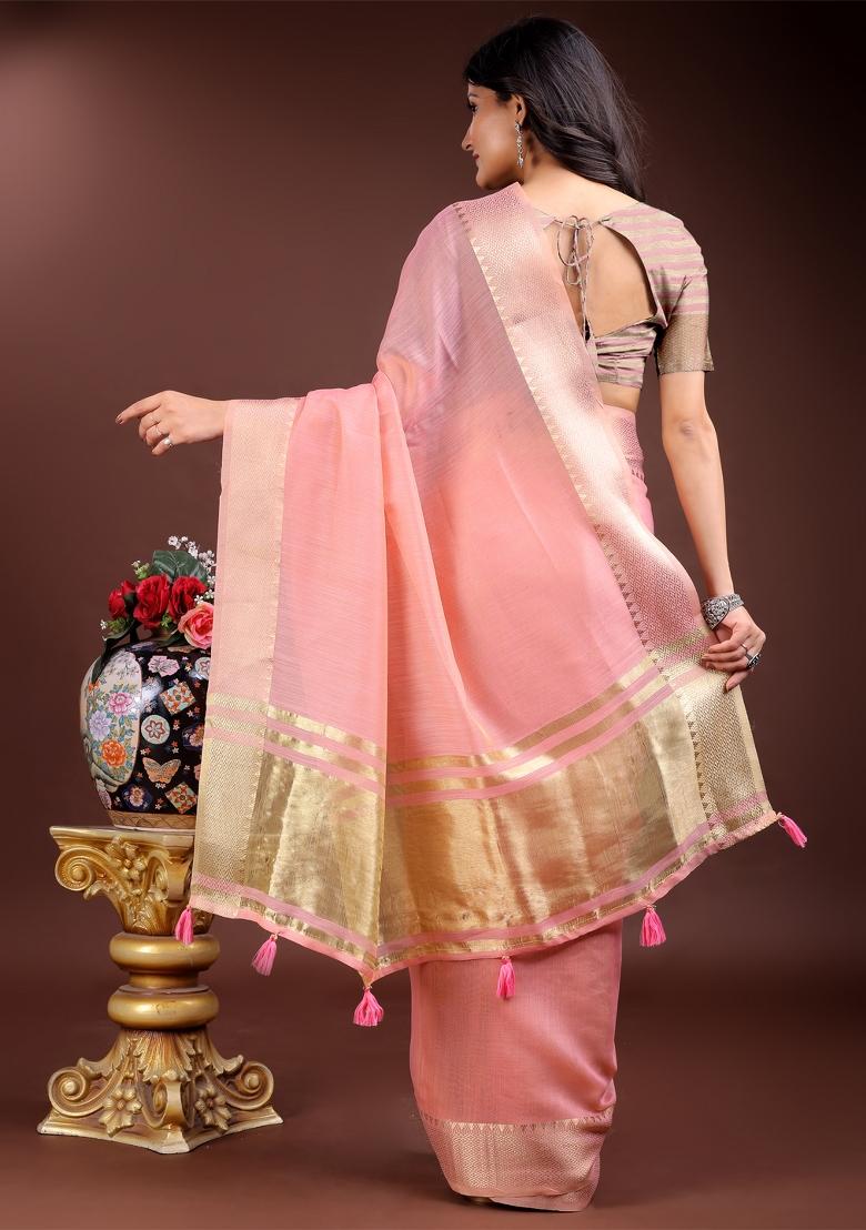 Pink Zari Work Cotton Blend Saree Set