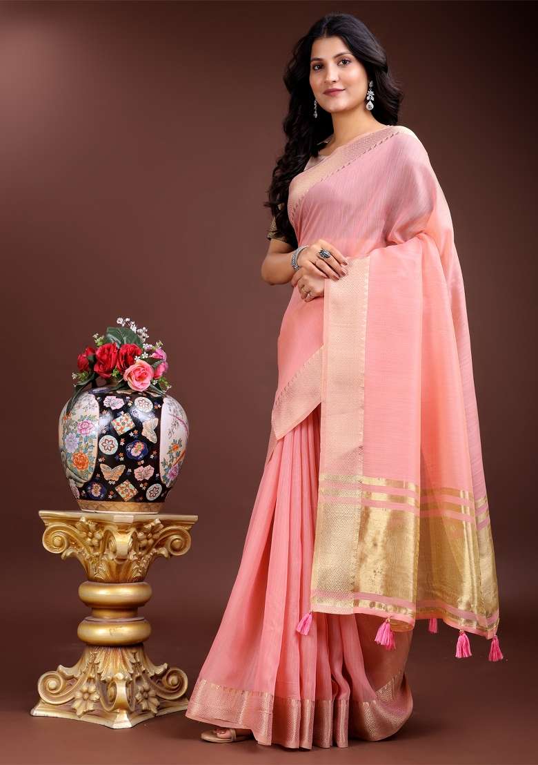 Pink Zari Work Cotton Blend Saree Set - Indya