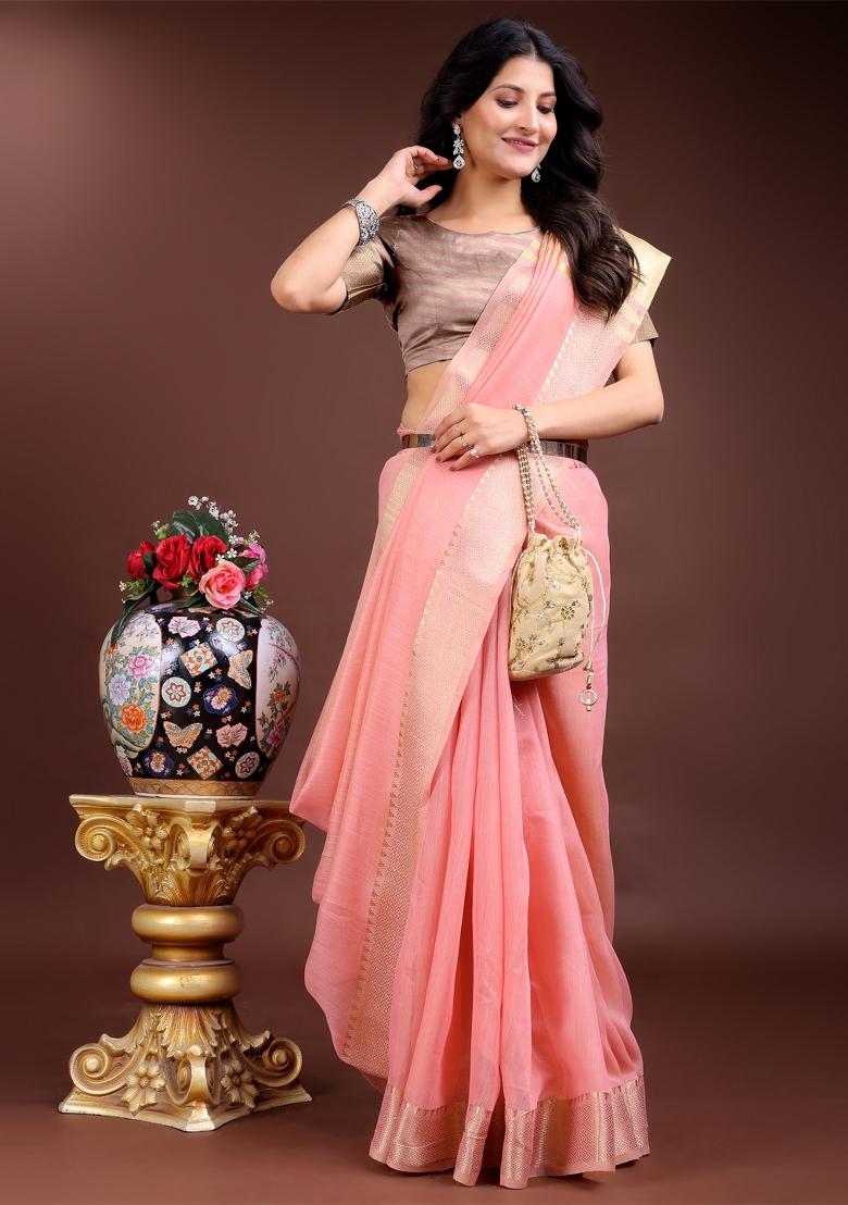 Pink Zari Work Cotton Blend Saree Set