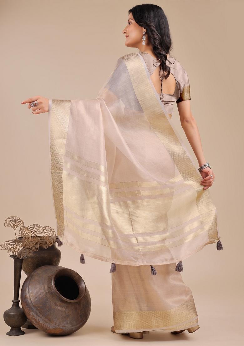 Light Pink Zari Work Organza Saree Set
