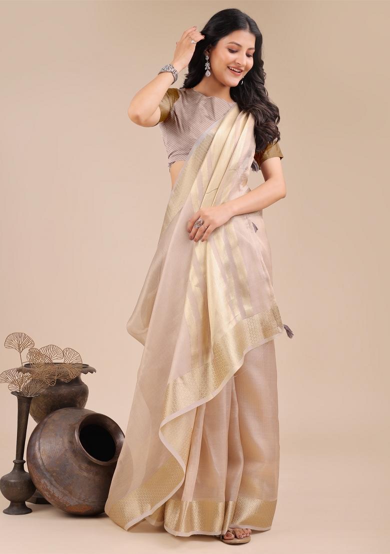 Light Pink Zari Work Organza Saree Set