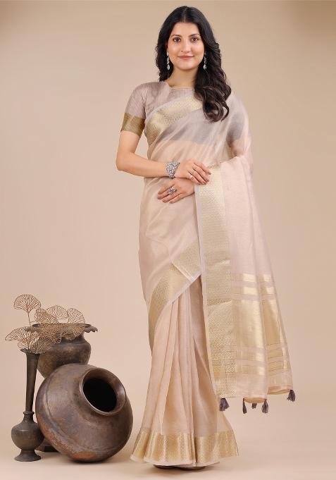 Light Pink Zari Work Organza Saree Set