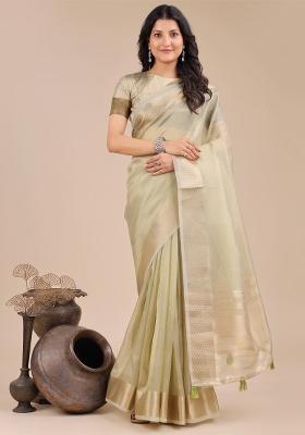 Light Green Zari Work Organza Saree Set