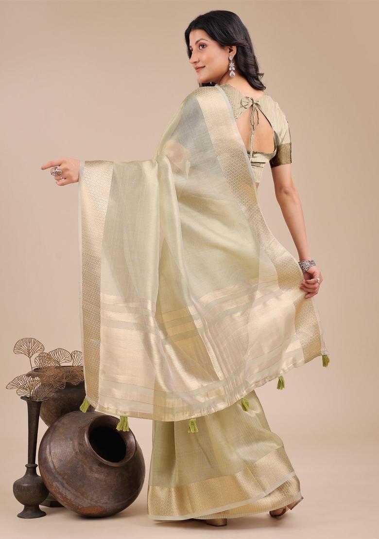 Light Green Zari Work Organza Saree Set
