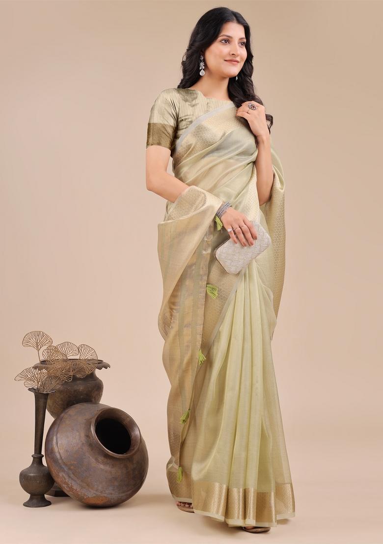Light Green Zari Work Organza Saree Set