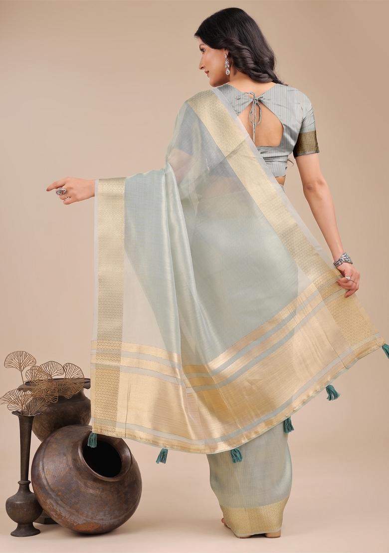 Sea Green Zari Work Organza Saree Set