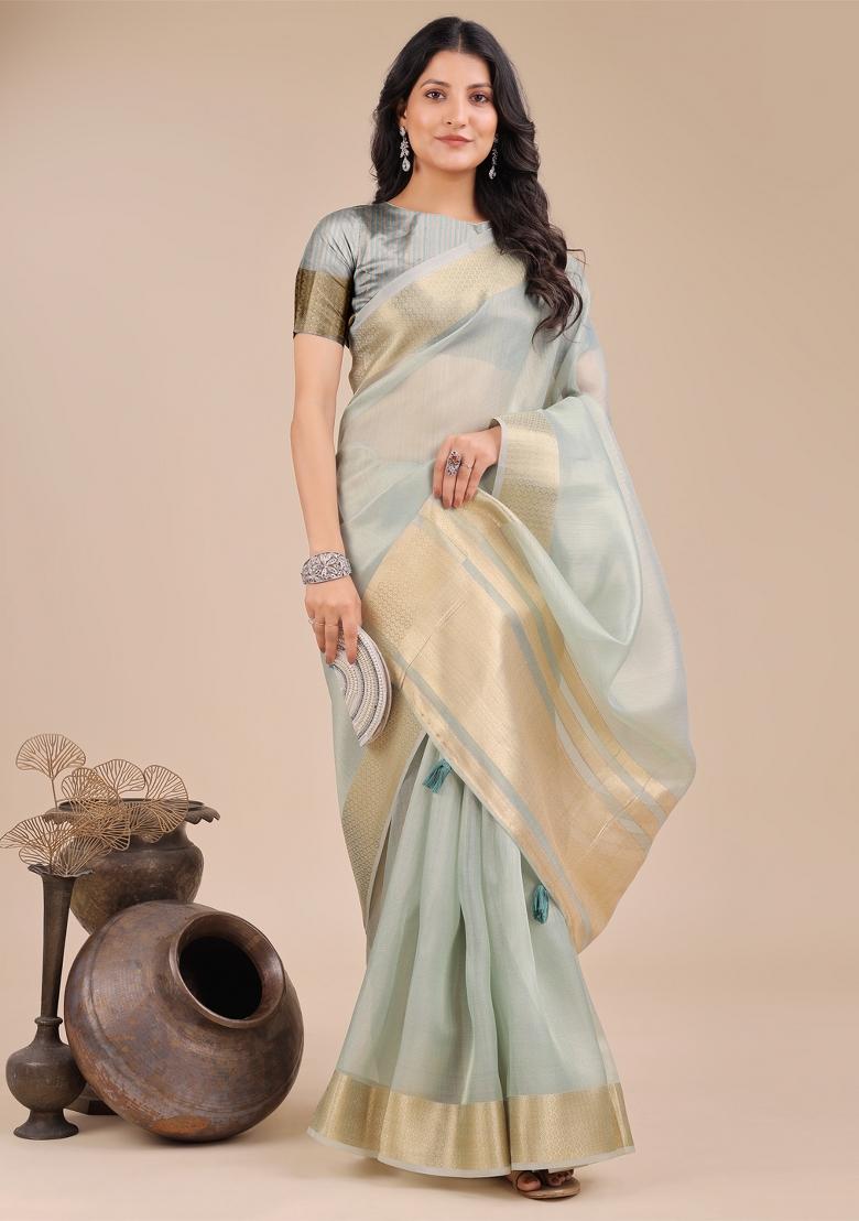 Sea Green Zari Work Organza Saree Set
