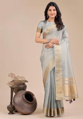 Sky Blue Zari Work Organza Saree Set