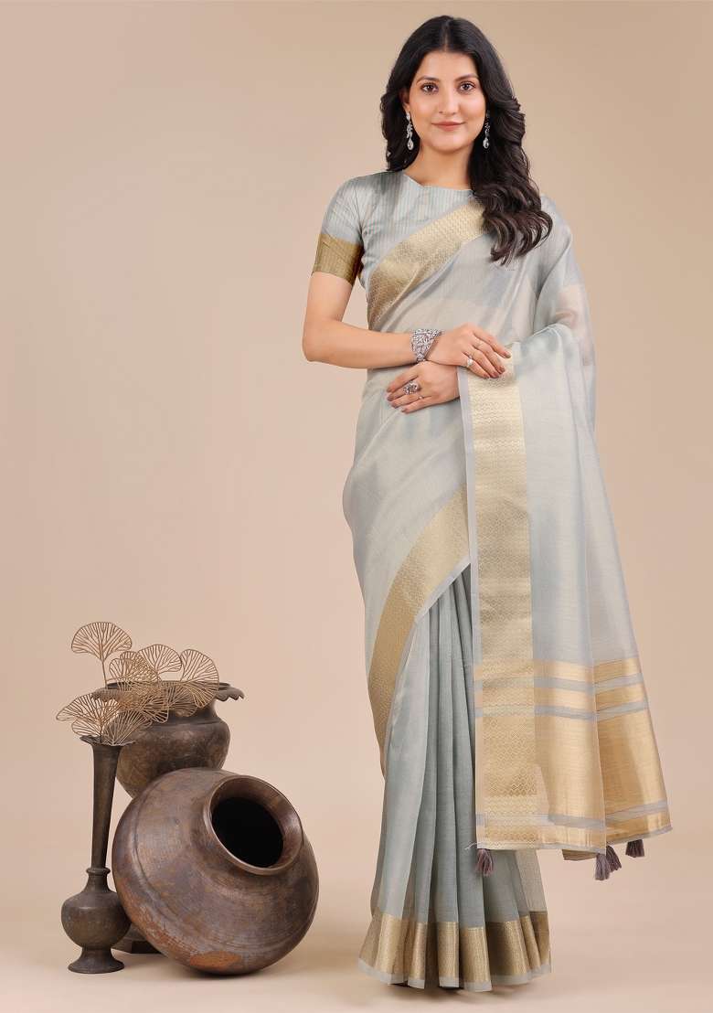 Sky Blue Zari Work Organza Saree Set - Indya