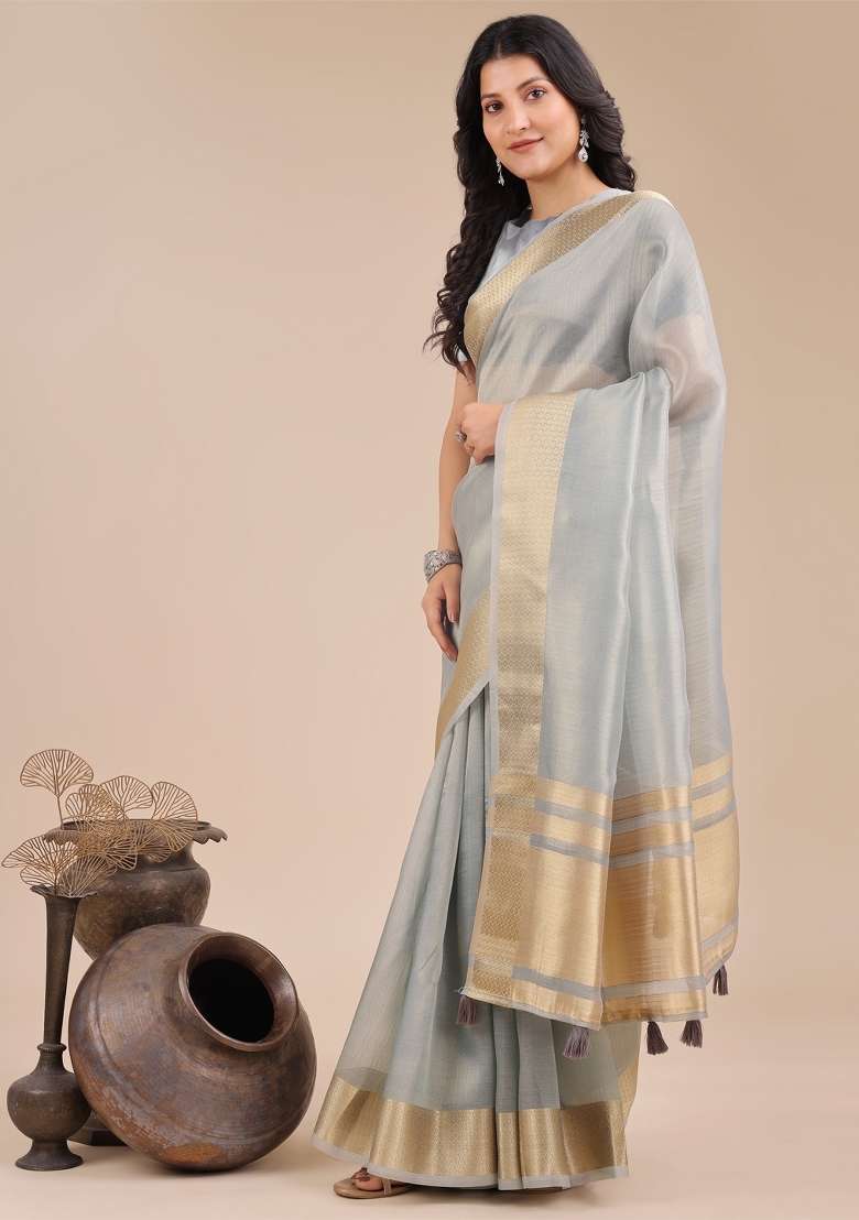 Sky Blue Zari Work Organza Saree Set - Indya