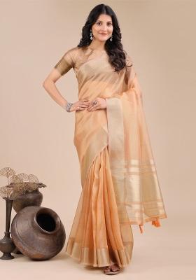 Orange Zari Work Organza Saree Set