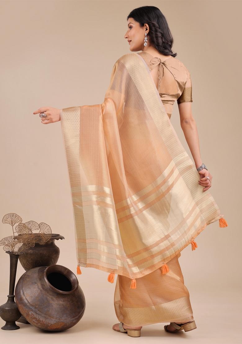 Orange Zari Work Organza Saree Set