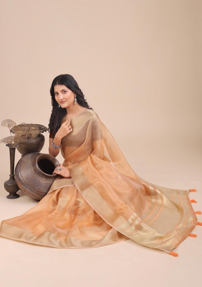 Orange Zari Work Organza Saree Set