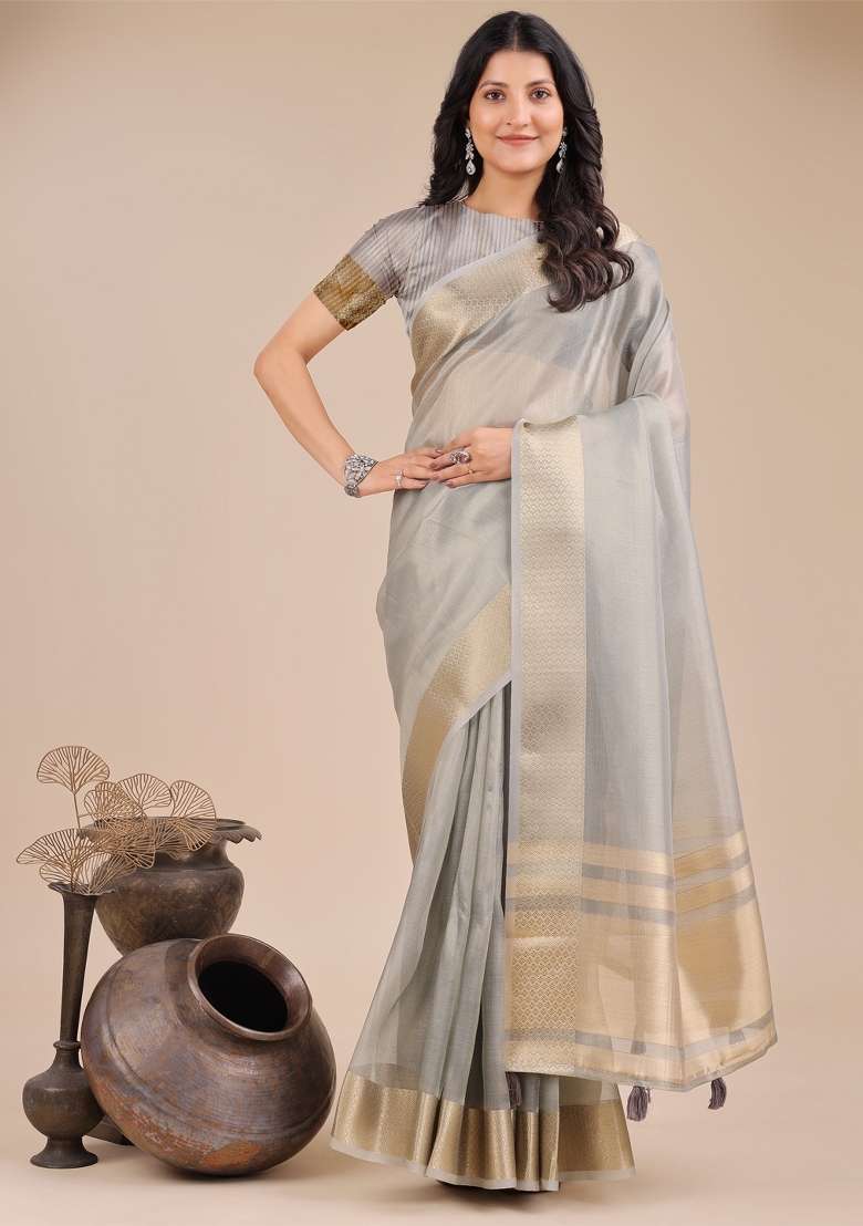 Grey Zari Work Organza Saree Set - Indya