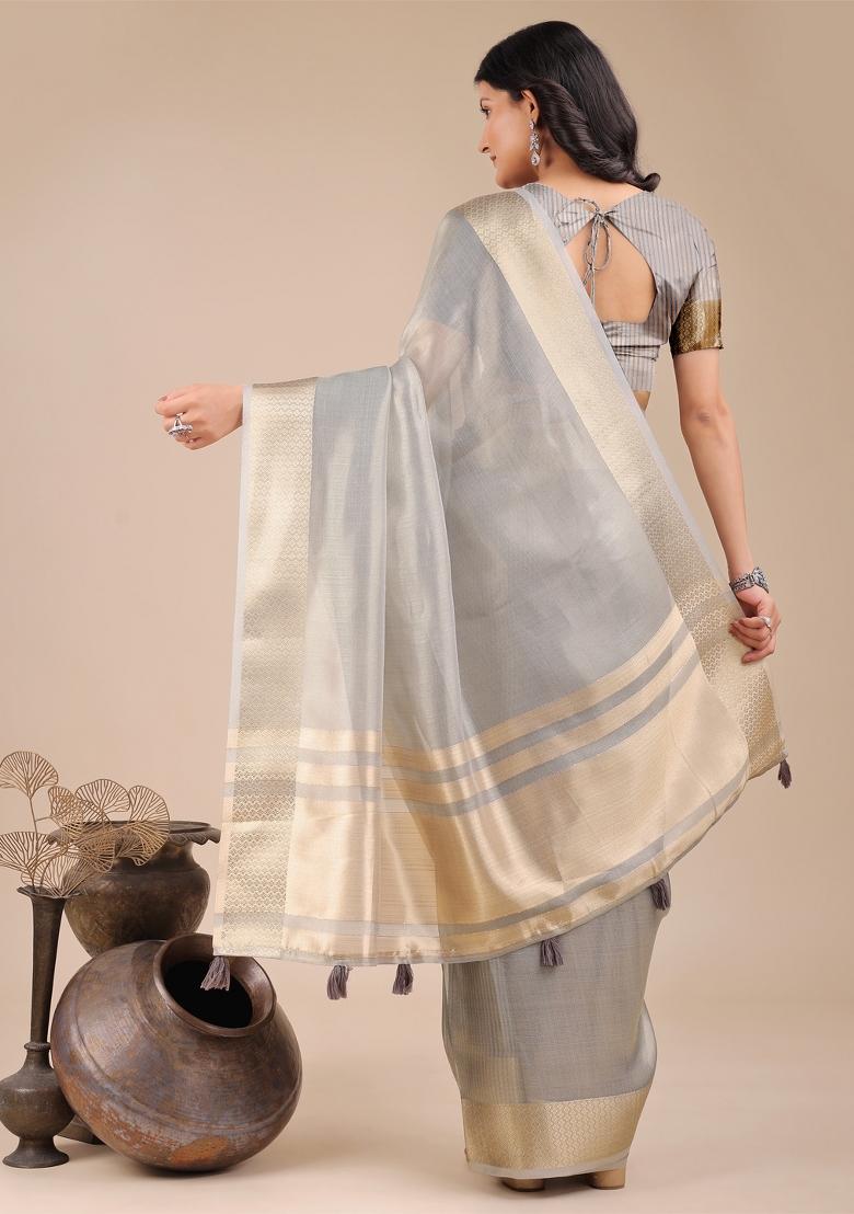 Grey Zari Work Organza Saree Set