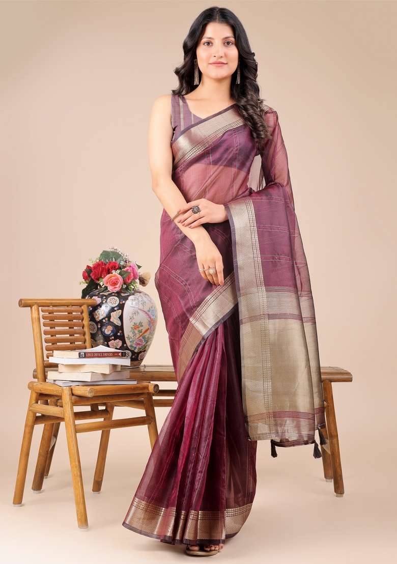 Purple Zari Work Organza Saree Set - Indya