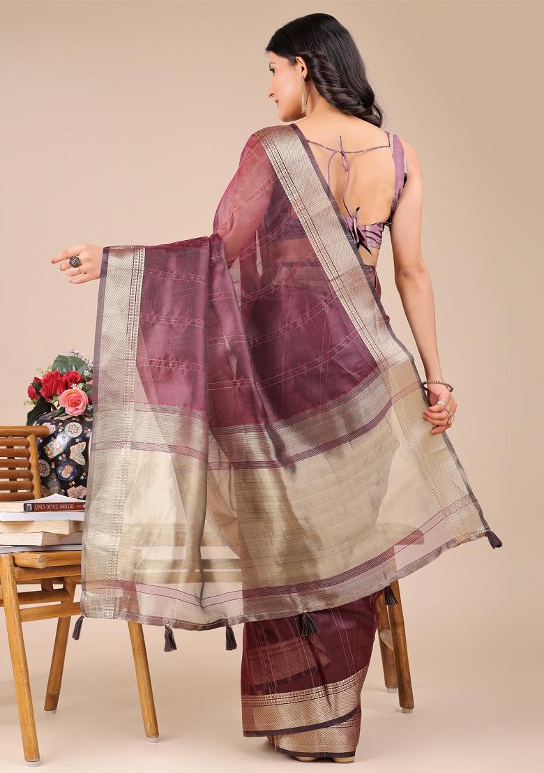 Purple Zari Work Organza Saree Set