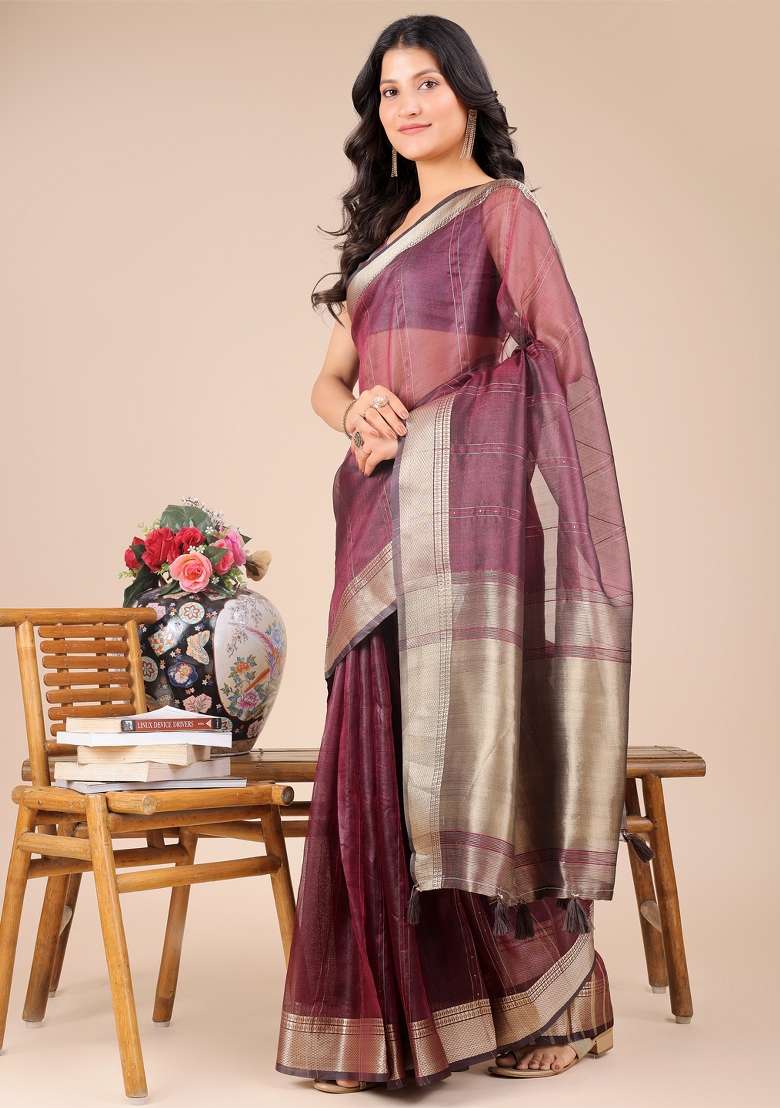 Purple Zari Work Organza Saree Set - Indya