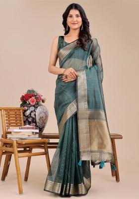 Dark Green Zari Work Organza Saree Set