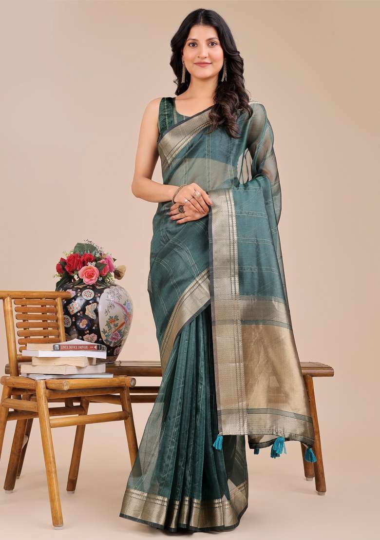 Dark Green Zari Work Organza Saree Set - Indya
