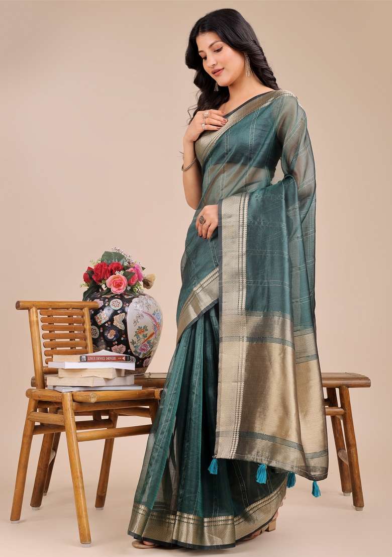 Dark Green Zari Work Organza Saree Set - Indya