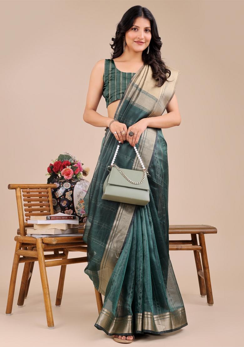 Dark Green Zari Work Organza Saree Set