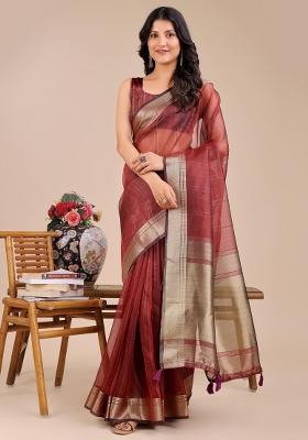 Maroon Zari Work Organza Saree Set