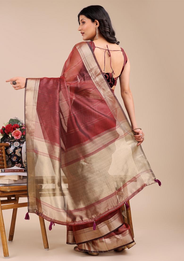 Maroon Zari Work Organza Saree Set