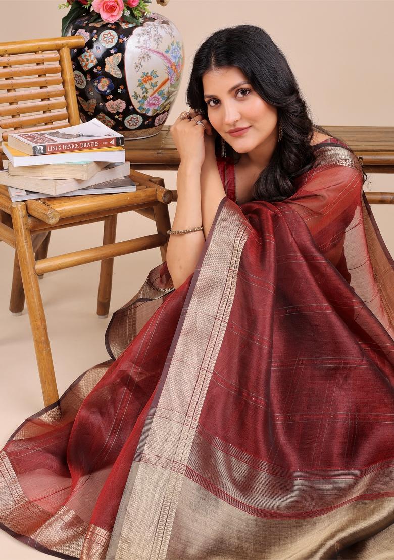 Maroon Zari Work Organza Saree Set