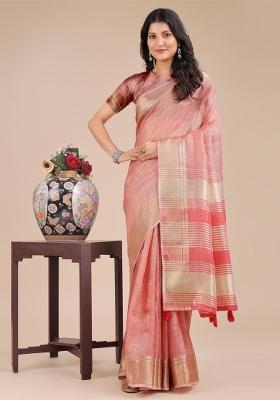 Peach Zari Work Organza Saree Set