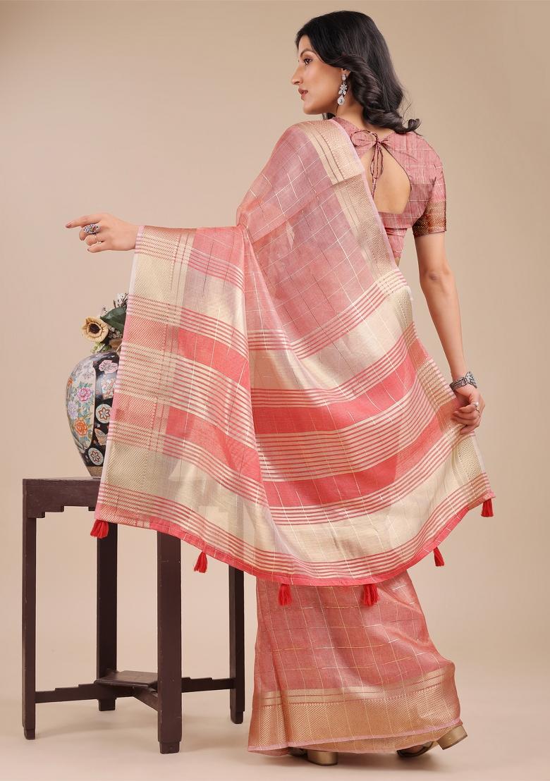 Peach Zari Work Organza Saree Set