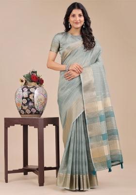 Sea Green Zari Work Organza Saree Set