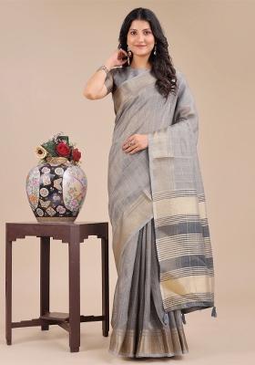 Grey Zari Work Organza Saree Set