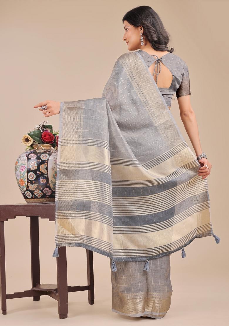 Grey Zari Work Organza Saree Set