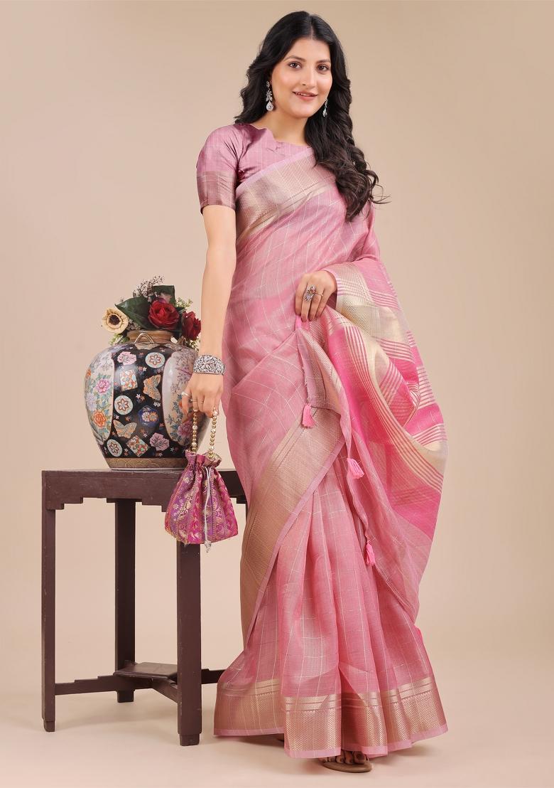 Pink Zari Work Organza Saree Set