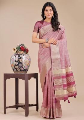 Purple Zari Work Organza Saree Set