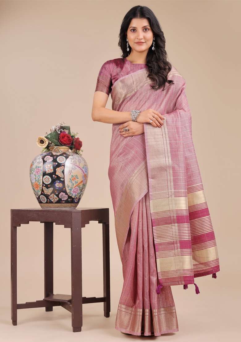 Purple Zari Work Organza Saree Set - Indya