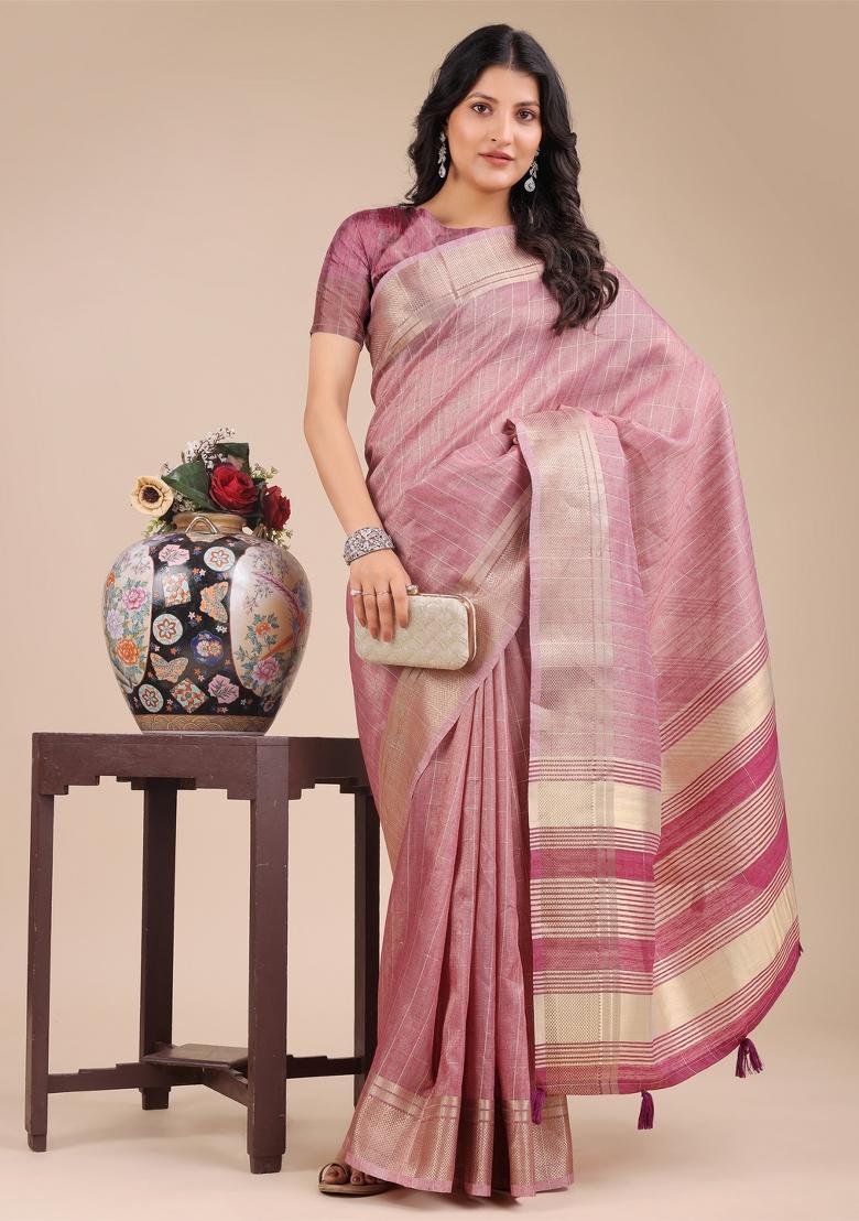 Purple Zari Work Organza Saree Set