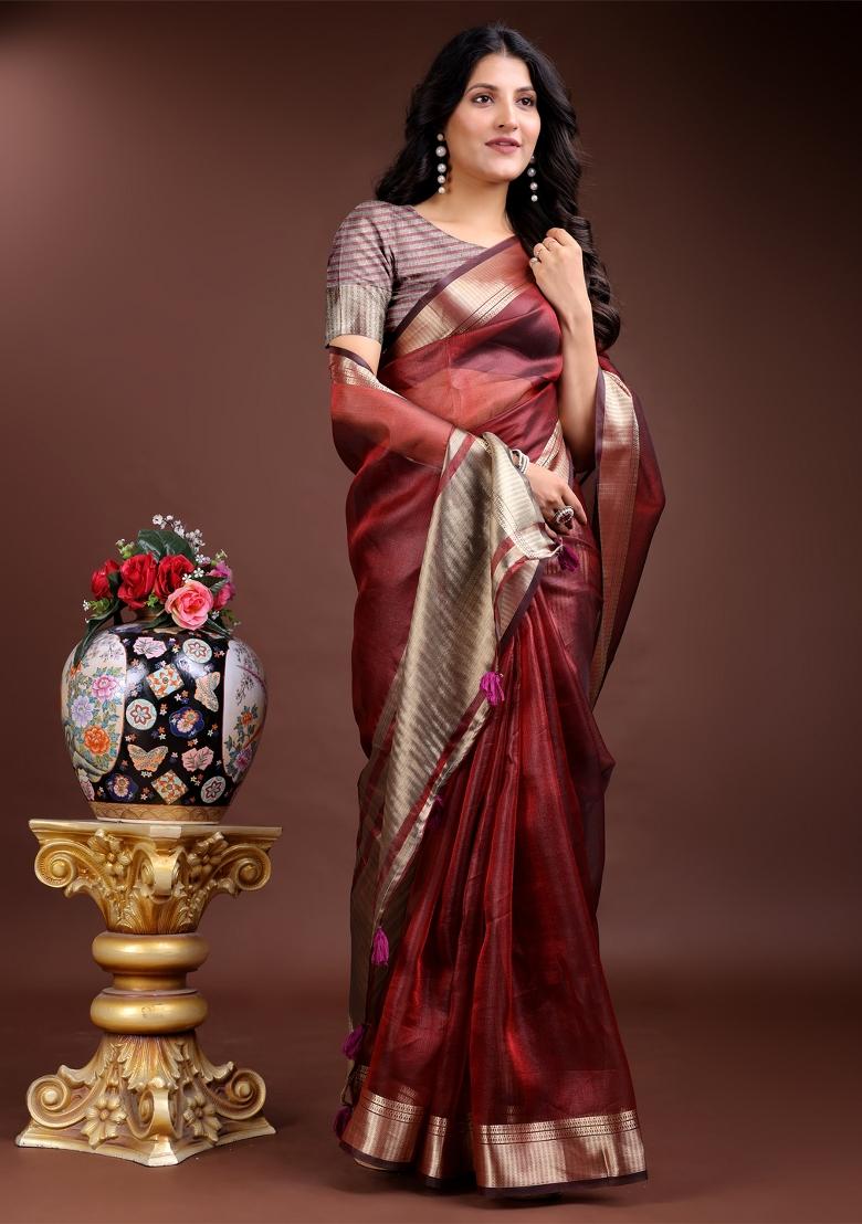 Red Zari Work Organza Saree Set