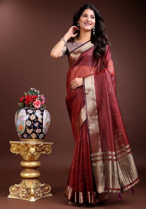 Red Zari Work Organza Saree Set