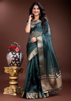 Sea Green Zari Work Organza Saree Set