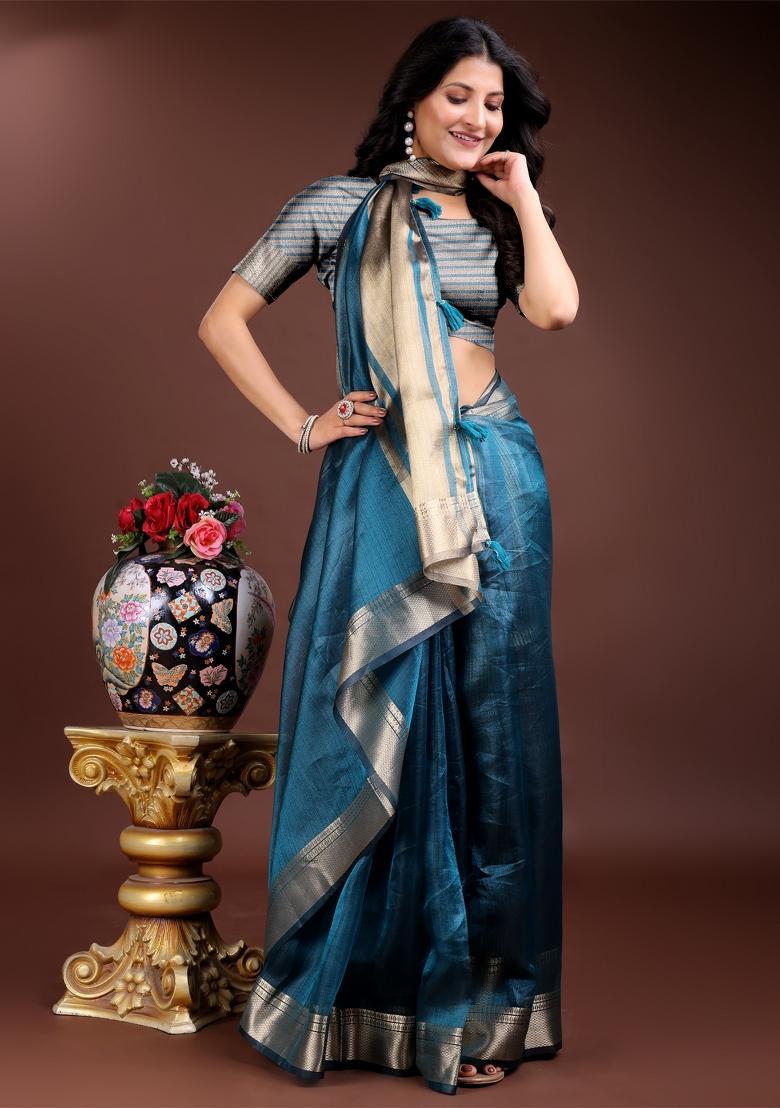 Sea Green Zari Work Organza Saree Set