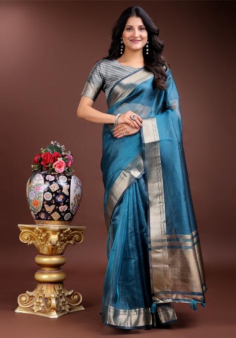 Sea Green Zari Work Organza Saree Set
