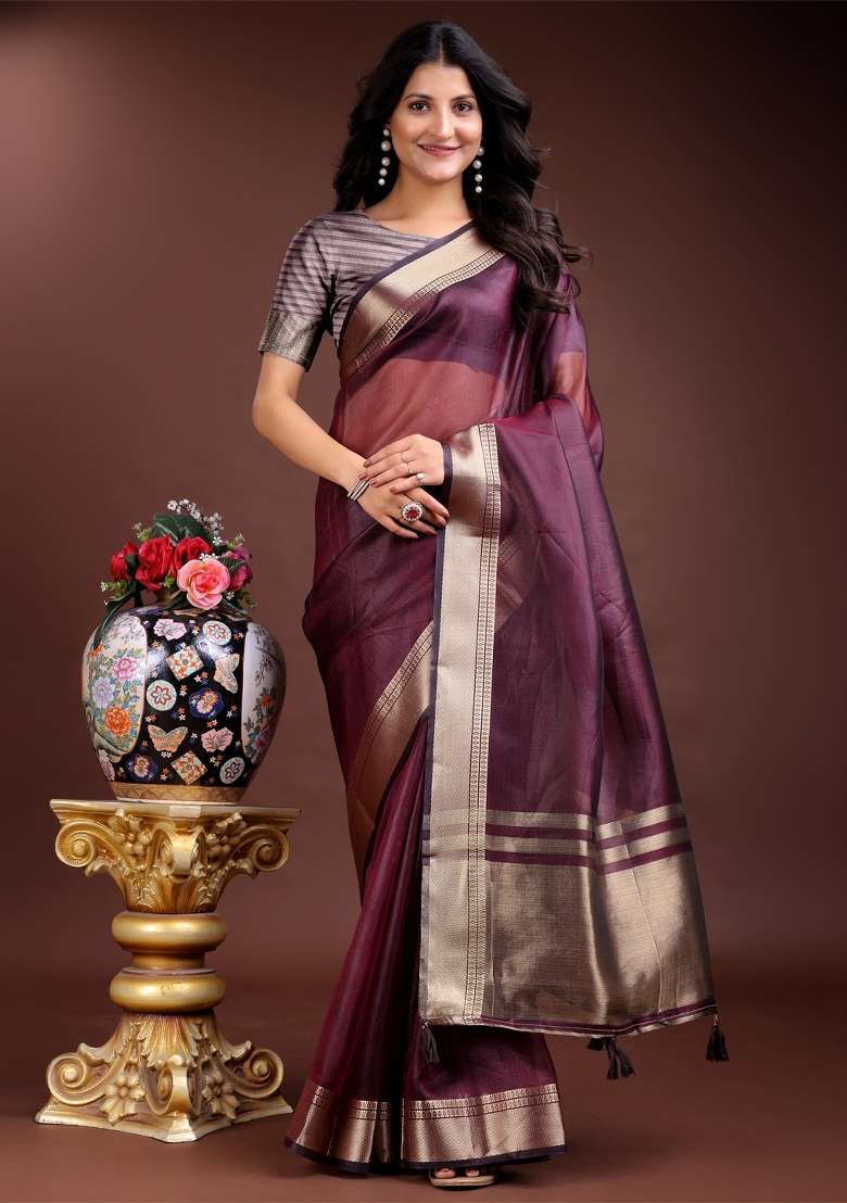 Purple Zari Work Organza Saree Set - Indya