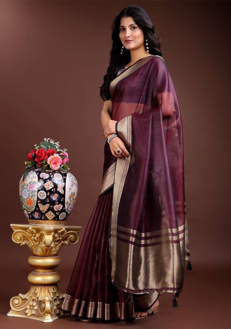 Purple Zari Work Organza Saree Set - Indya