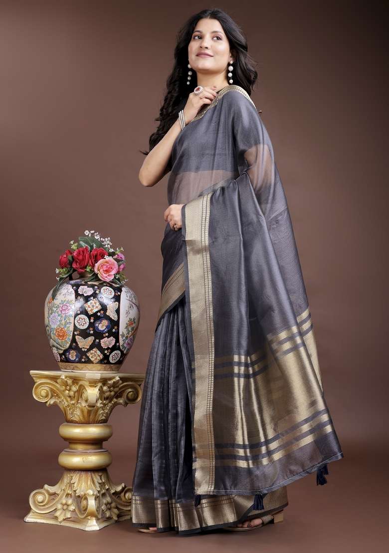 Grey Zari Work Organza Saree Set - Indya