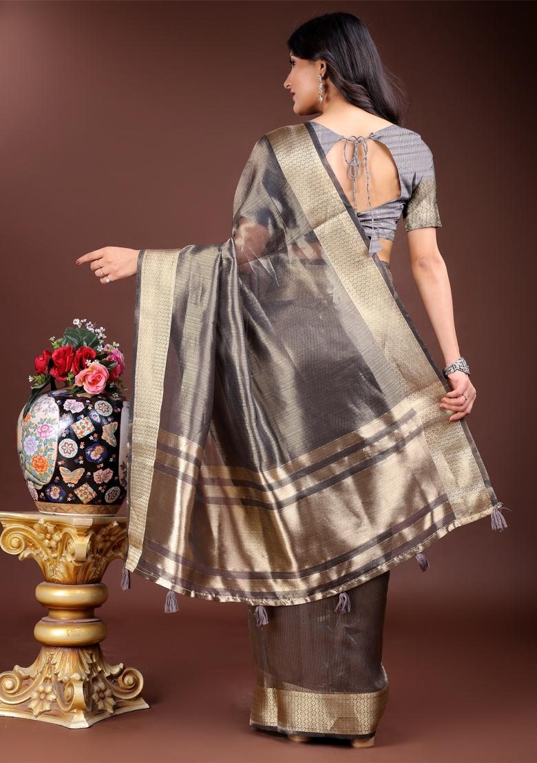 Grey Zari Work Organza Saree Set