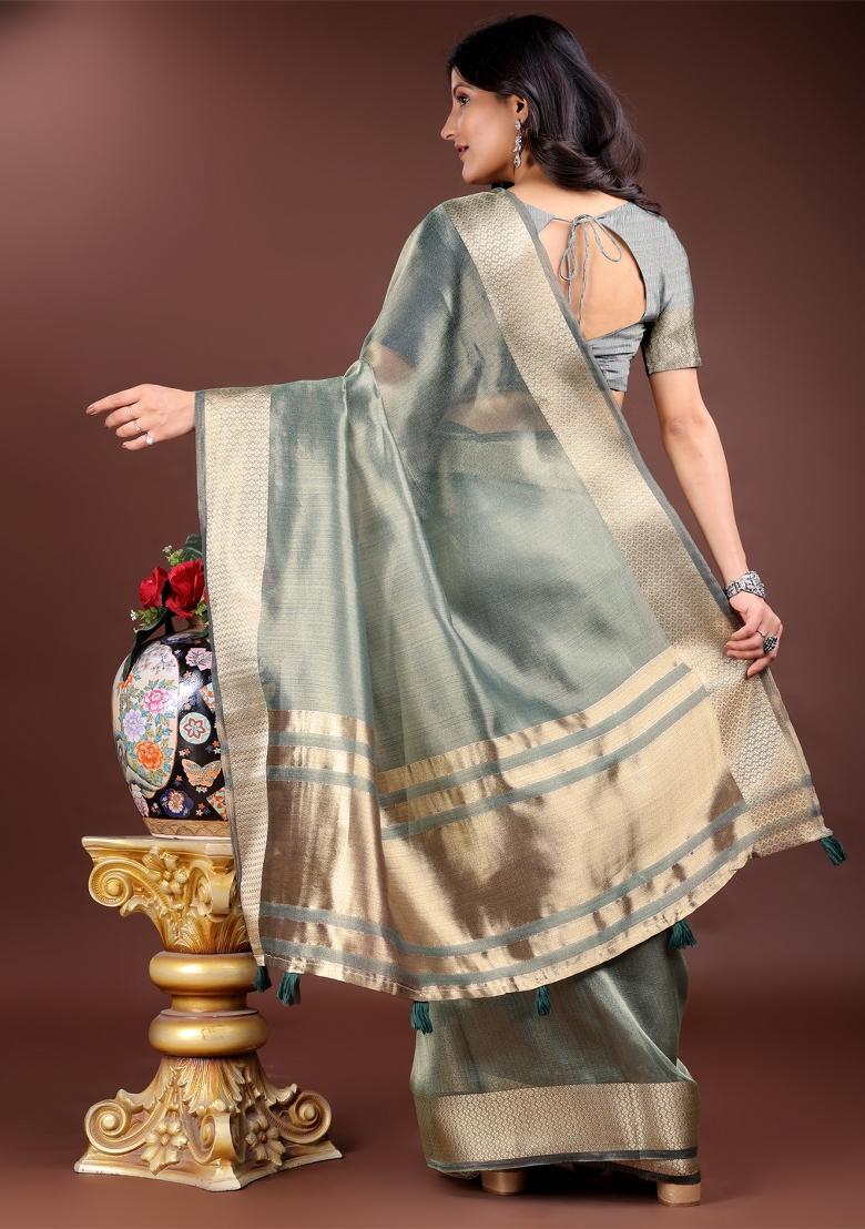 Sea Green Zari Work Organza Saree Set